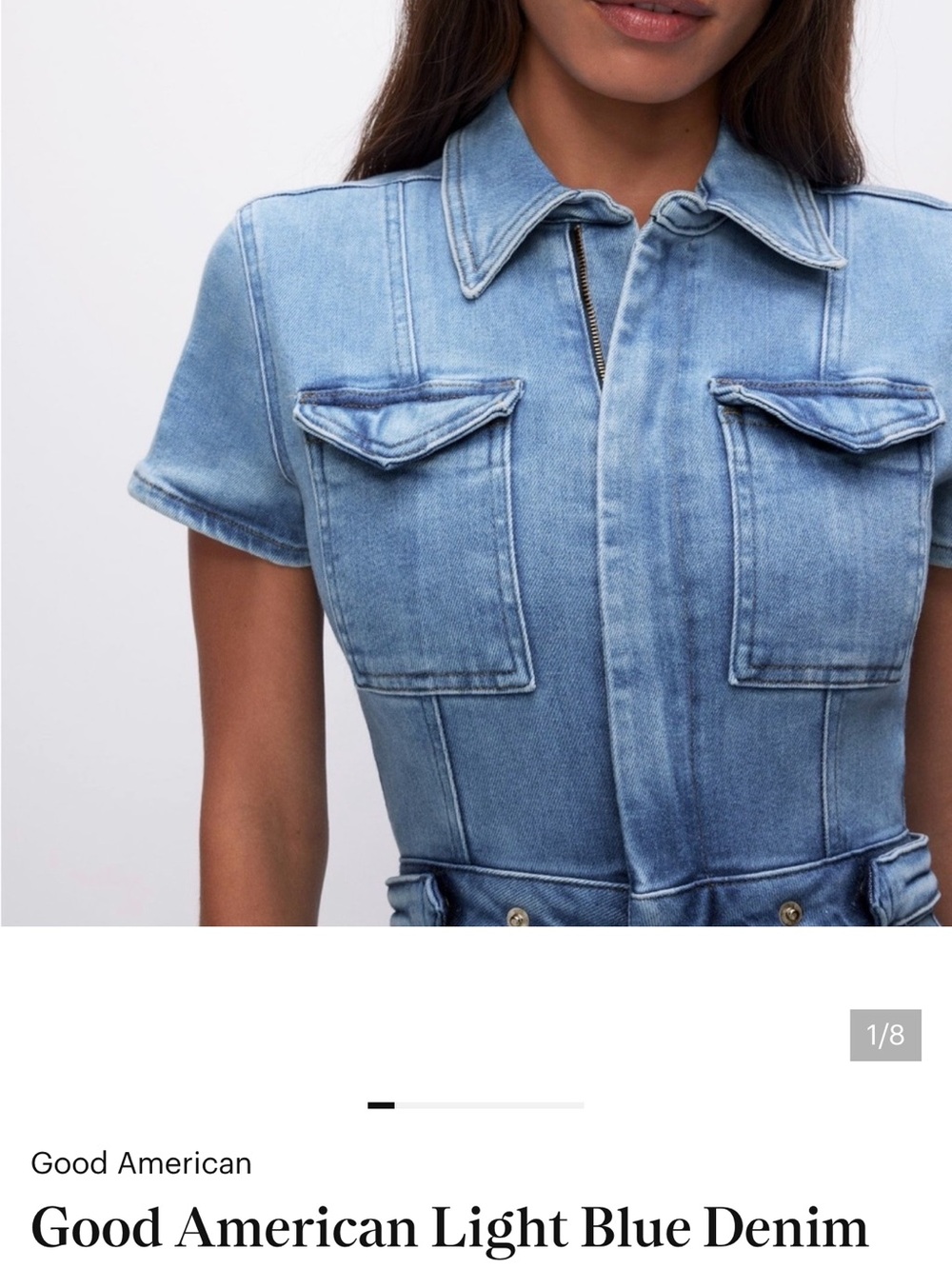 Good American Light Blue Denim Short-Sleeve Overalls